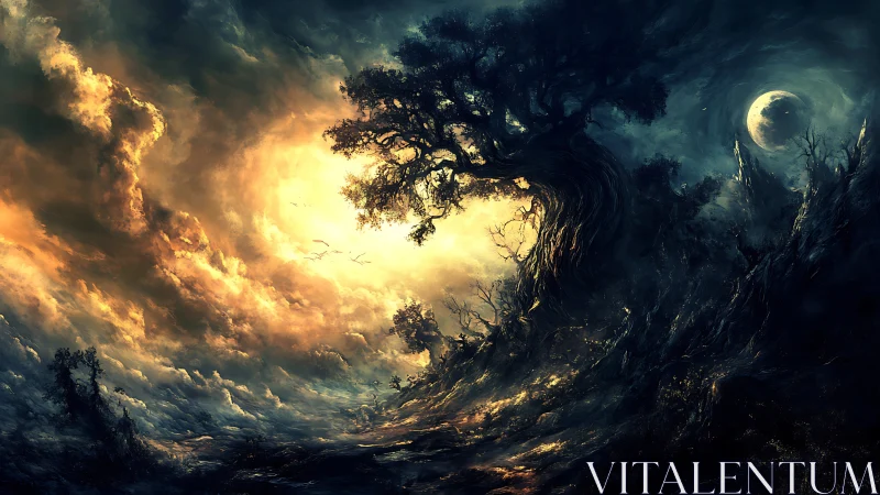 Twisted ancient tree divides luminous storm sky and shadowed moonlit void