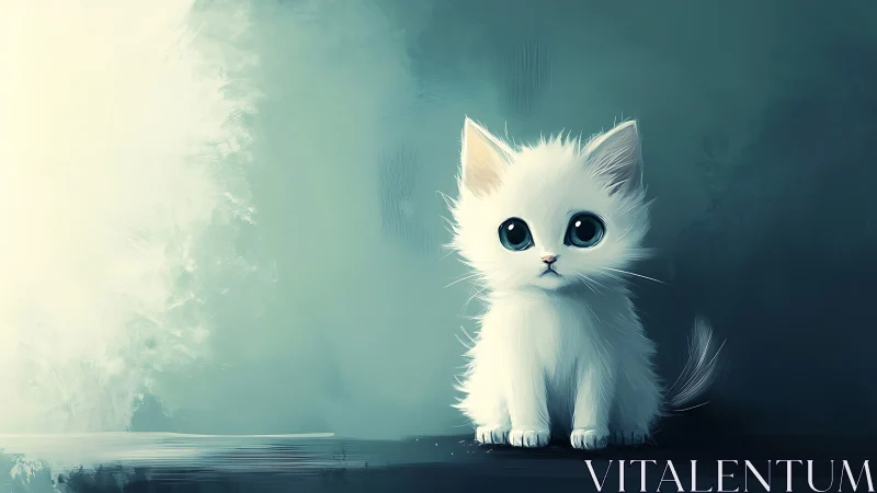Ethereal White Kitten with Azure Eyes Against Gradient Sky.