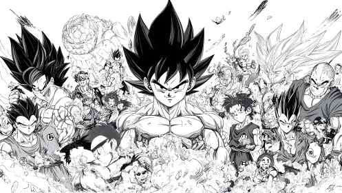 Saiyan stormfront erupts in monochrome battle haze.
