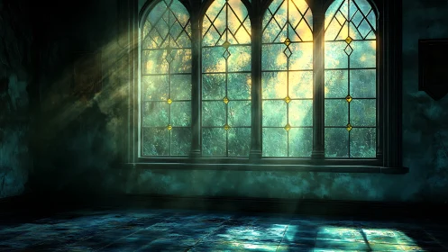 Gothic arched stained glass window with volumetric light rays