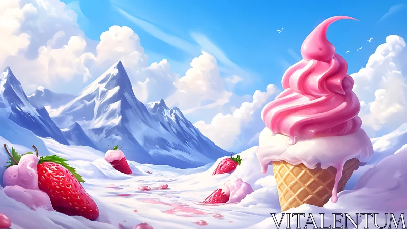 Strawberry ice cream peak rises in a dreamy snowy valley.