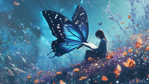 Giant blue butterfly illuminates girl reading in dream meadow