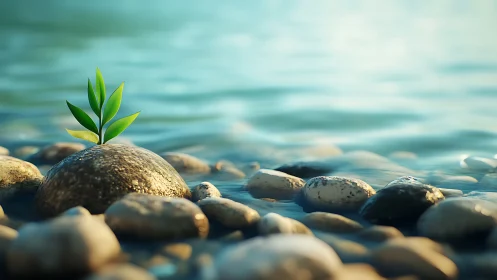 Young green plant sprouting from stone by tranquil water, realistic style.