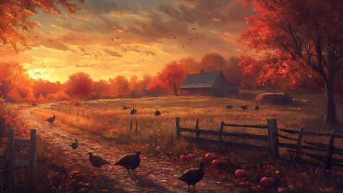 Autumn farmhouse sunset with turkeys along rustic path.