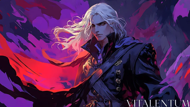 White-haired warrior in high-contrast chromatic vortex lighting