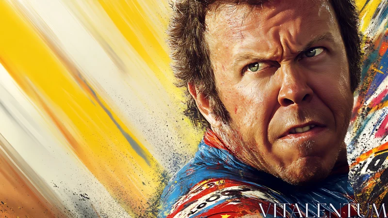 Hyper-detailed portrait of tense racer amid dynamic paint streaks