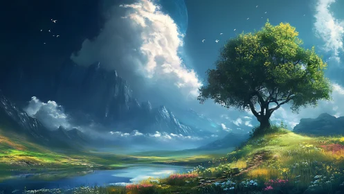 Lone tree by lake under dramatic clouds and mountains.