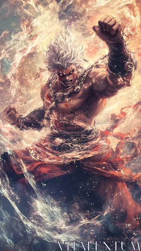 Elemental warrior erupting through turbulent fiery vortex field