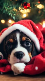 Beagle puppy rests under red Santa hat by Christmas tree