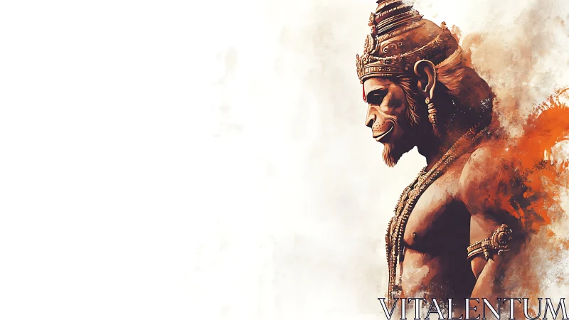 Stoic monkey warrior leans into swirling saffron mist