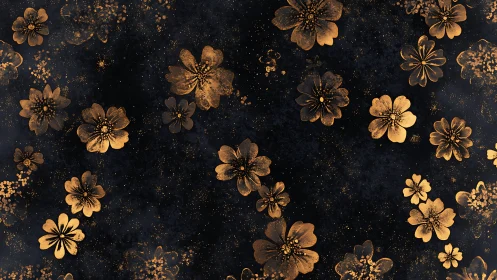 Gold Flowers Scattered Across Dark Starlit Background