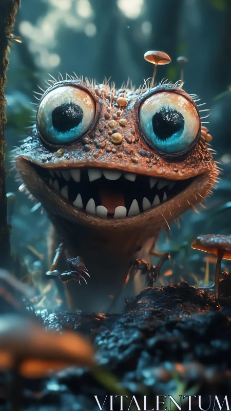 Hybrid amphibious creature stands among forest mushrooms