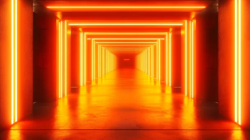Neon corridor shows repeating orange light frames in perspective