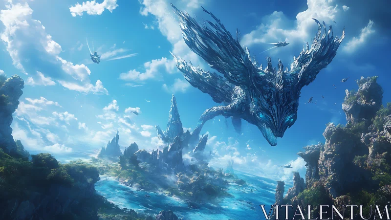 Colossal crystalline dragon form over coastal fantasy terrain.