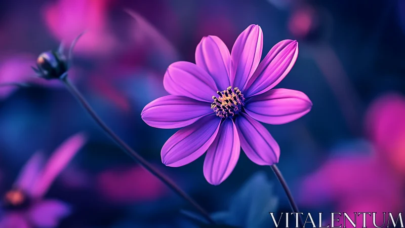 Purple cosmos flower with golden center against soft focus background.