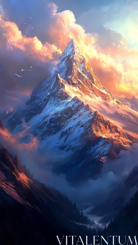 Sunlit snow mountain peak within layered cloud cover.