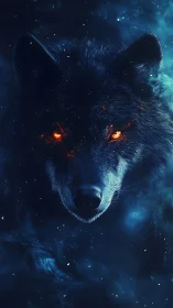 Wolf face with glowing orange eyes emerging from dark mist