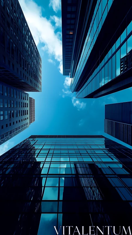 Vertical low angle of glass skyscrapers framing deep blue sky