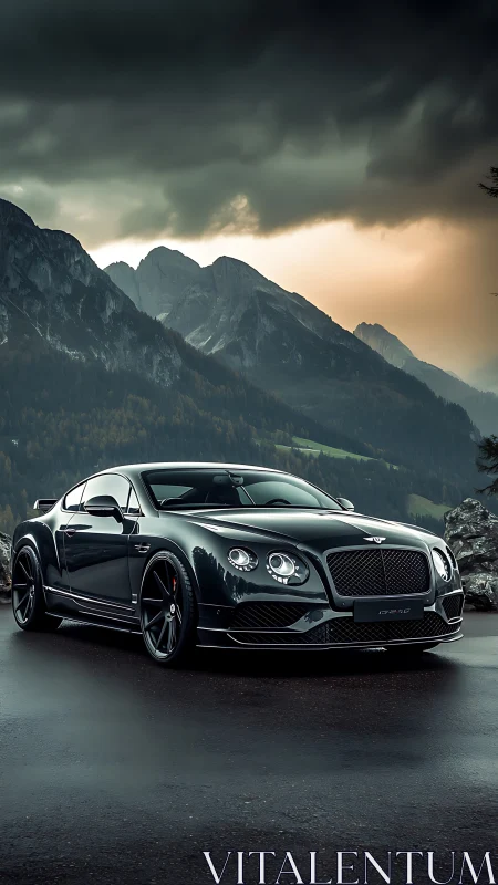 Luxury black grand tourer waits under brooding alpine skies