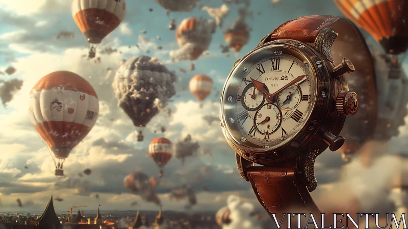 Vintage chronograph watch floats among dreamy hot air balloons.