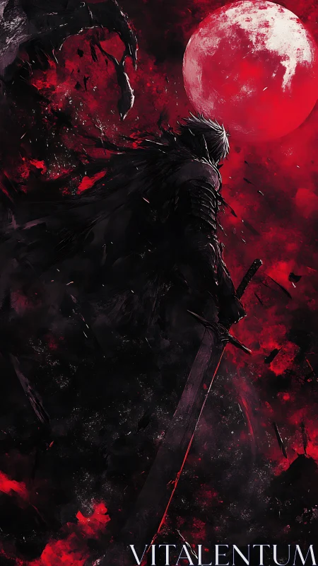 Solitary sword bearer under large red lunar backdrop.