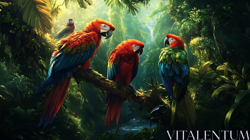 Vibrant scarlet macaws share quiet conversation in lush jungle