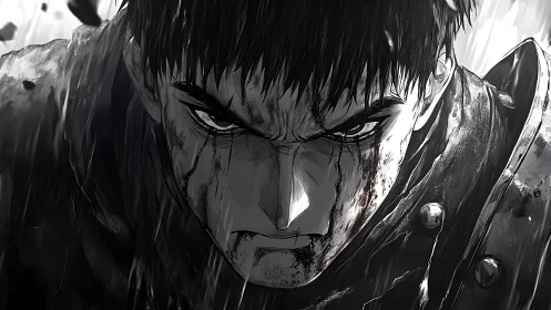 High-contrast anime close-up of battle-worn warrior face.