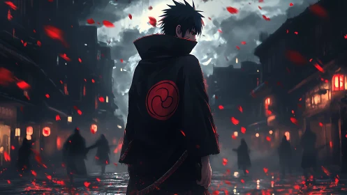 Cloaked anime swordsman in rainy lantern street with red embers