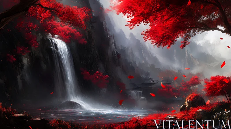 Waterfall flows through red forest in mist-covered valley