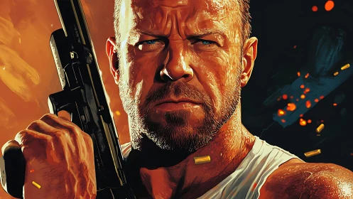 Gritty armed man in close-up against fiery dark backdrop.