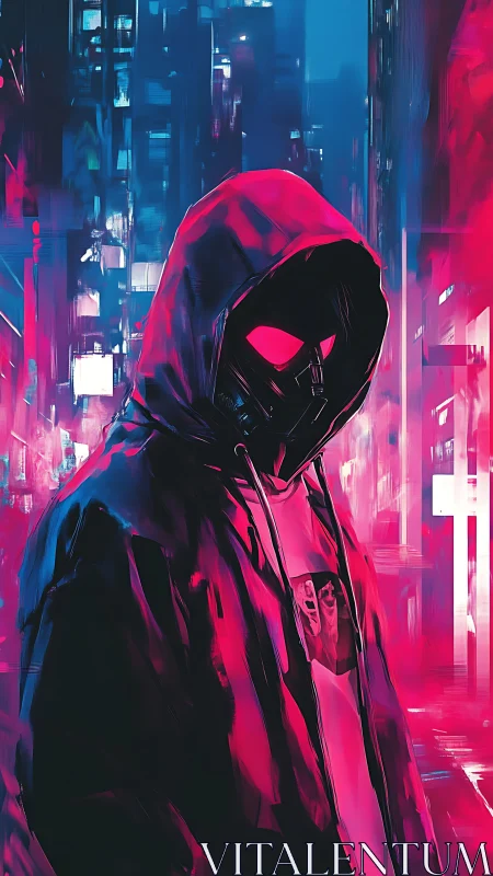 Neon‑masked vigilante in saturated cyberpunk alleyway glow.