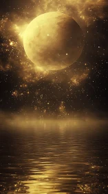Golden moon rises above shimmering cosmic sea at night.