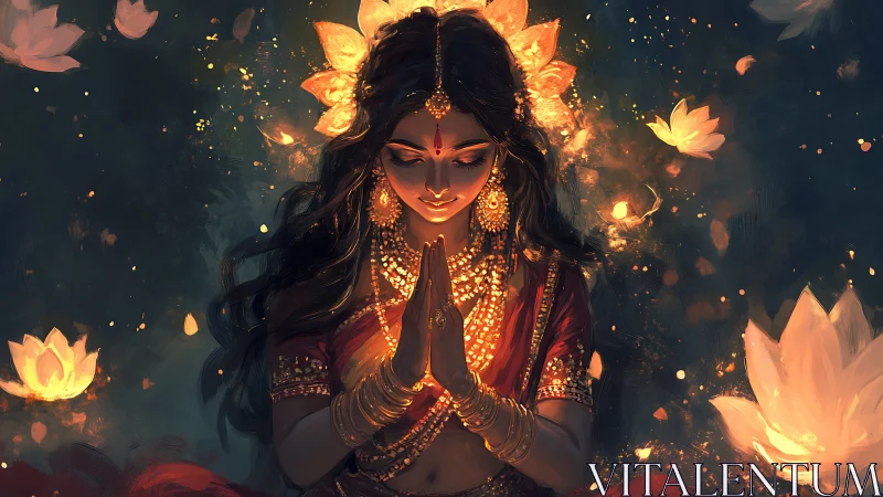 Gentle goddess in glowing lotus light, wrapped in quiet grace.