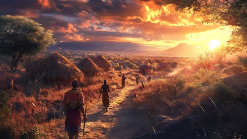 Warm village path glowing under a golden sunset sky.