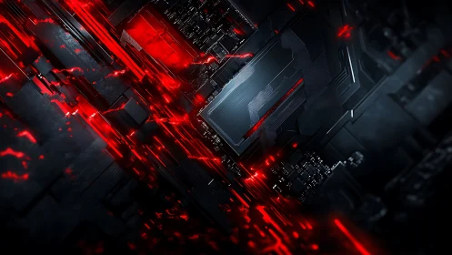 Futuristic black circuit board with red digital energy lines.