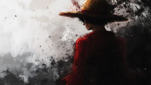 Straw hat silhouette cuts through abstract smoke storm.