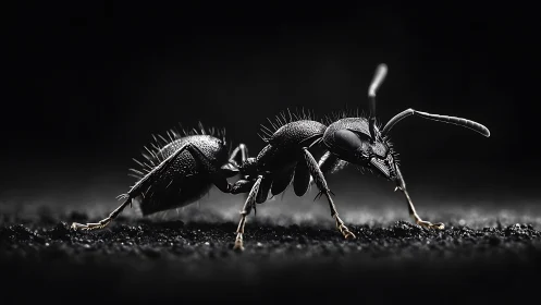 High-contrast macro portrait of black ant on dark ground.