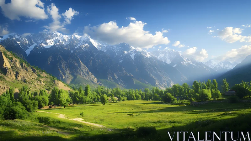 Snowy mountain range above green valley with trees.