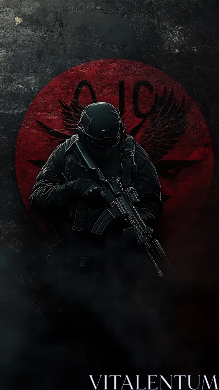 Special ops soldier before crimson emblem in shadowed haze.