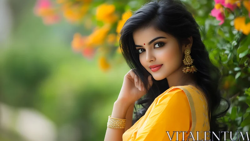 Elegant woman in yellow sari with gold jewelry in vibrant garden.