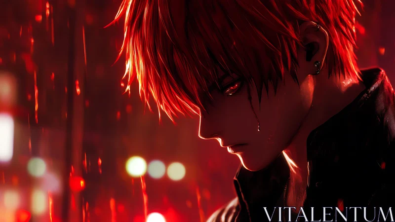 Rain-soaked red-haired loner in glowing city nightscape.