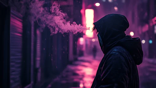 Neon-soaked hooded figure exhaling vapor in rainy alleyway.