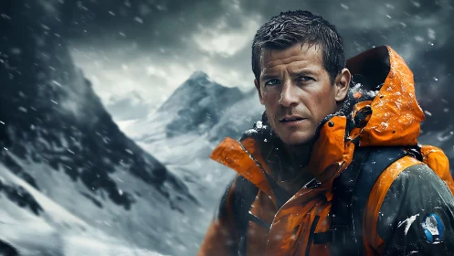 Storm-hardened mountaineer holds his ground in blizzard peaks.