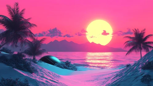 Neon pink tropical beach landscape with large glowing sun