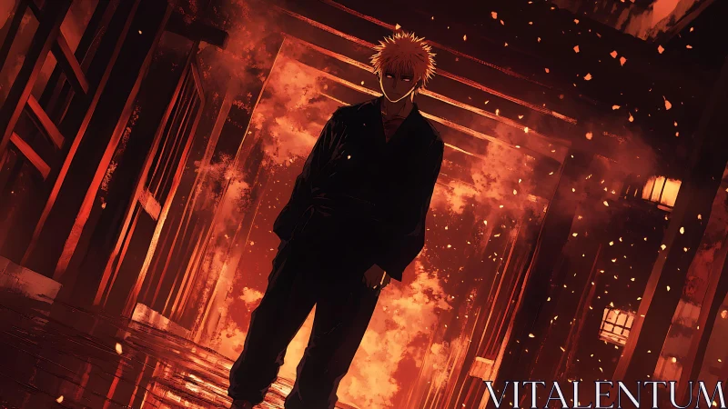 Flame corridor wanderer in ember-lit midnight resolve.