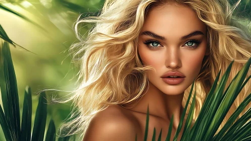 Blonde woman portrait framed by lush green tropical leaves.