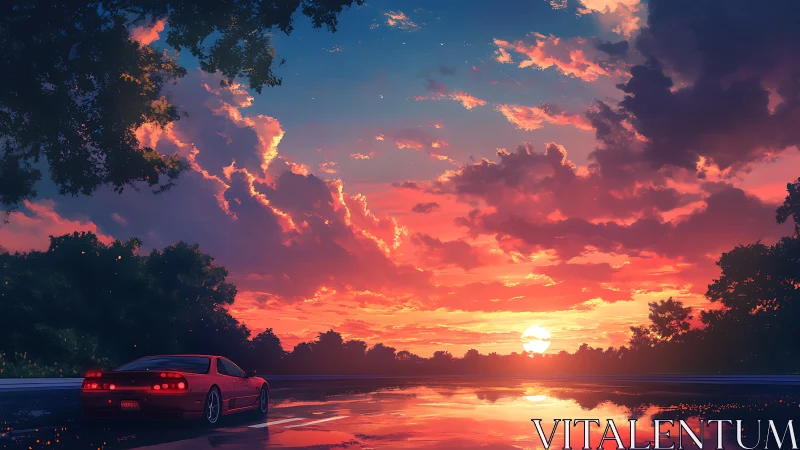 Red sports coupe at reflective lakeside road during sunset