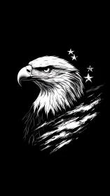 Eagle head illustration with stars on stark black ground.
