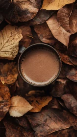 Top view shows cup of cocoa centered among dry leaves