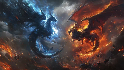 Opposed elemental dragon forms occupy a turbulent sky